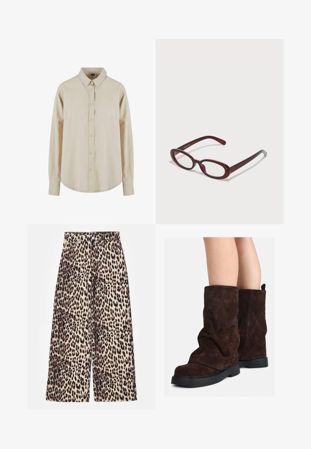 Bež košulja dugih rukava od pamuka, s dugim gumbom, uskim ovratnikom i jednim džepom na prsima. Mekana tekstura, opušteni kroj.; Hlače širokih nogavica s uzorkom leoparda izrađene od mješavine pamuka. Imaju visok struk, zatvaranje na gumb i prednje džepove. Paleta boja uključuje bež i crnu.; Smeđe nubuk čizme srednje dužine s crnim gumenim potplatima, nošene na golim nogama, s blagim naborima na okovima čizama.; Naočale u obliku ovala crvene boje s prozirnim staklima i elegantnim smeškim okvirom. Dizajn se odlikuje suptilnim zakrivljenjima i minimalnim hardverom.