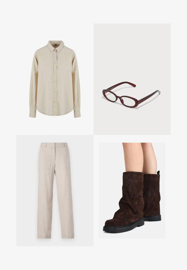 Camisa de manga larga beige hecha de algodón, con frente abotonado, cuello puntiagudo y un bolsillo en el pecho. Textura suave, ajuste relajado.; Pantalones de lino beige con un diseño de pierna recta, cintura alta y una textura sutil. Sin bolsillos visibles ni adornos.; Botas de ante marrón de medio muslo con suelas de goma negras, llevadas sobre piernas desnudas, mostrando un ligero arrugado en los caños de las botas.; Gafas de sol rojas en forma ovalada con lentes transparentes y elegantes montura marrón. El diseño presenta curvas sutiles y un hardware mínimo.; Bolso tote de cuero marrón con un diseño suave y holgado. Presenta dos asas largas y una textura lisa sin hardware o patrones visibles.