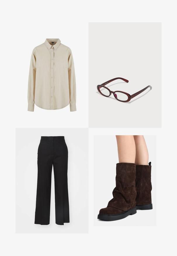 Bežová košeľa s dlhým rukávom vyrobená z bavlny, s predným zapínaním na gombíky, špicatým golierom a jednou náprsnej kapsou. Mäkka textura, voľný strih.; Čierne nohavice s širokými nohavicami vyrobené z ľahkej tkaniny, s plochým predným dielom, pútkami na opasok a čistým zakončením na leme.; Hnedé semišové čižmy do polovice lýtok s čiernymi gumovými podrážkami nosené na holých nohách, s miernymi vráskami na šaftoch čižiem.; Okuliare v oválnom tvare s červenými sklami a elegantným hnedým rámom. Dizajn sa vyznačuje jemnými krivkami a minimálnym hardvérom.