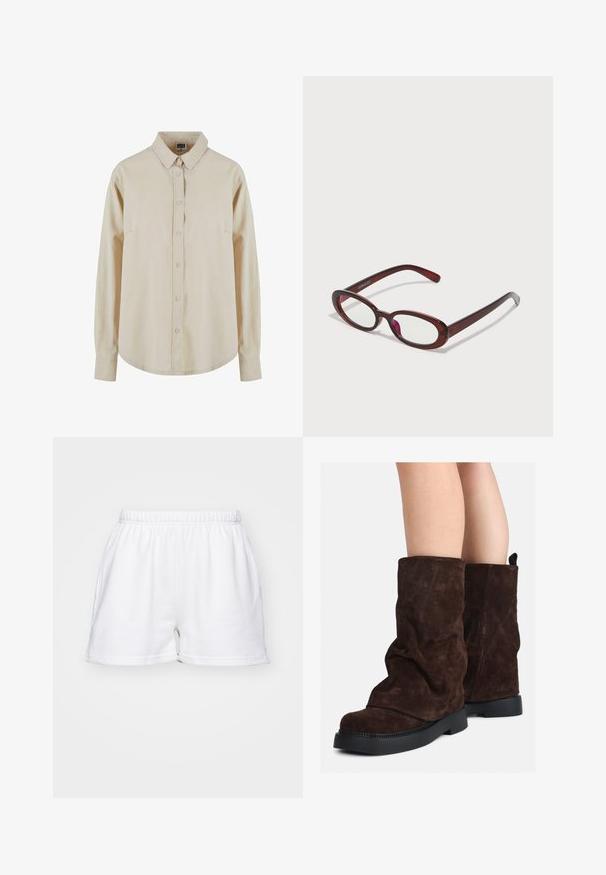 Bézs színű, hosszú ujjú pamut ing, gombos elülső résszel, hegyes gallérral és egyetlen mellzsebbel. Puha tapintás, laza szabás.; Fehér pamut rövidnadrág, gumis derékkal, oldalsó zsebekkel és laza szabással, egy sima háttéren.; Barna velúr, középig érő csizmák fekete gumitalppal, mezítláb viselve, a csizma szárán enyhe gyűrődések láthatók.; Ovális alakú piros napszemüveg átlátszó lencsékkel és karcsú barna kerettel. A dizájn diszkrét íveket és minimális szerelvényeket mutat.