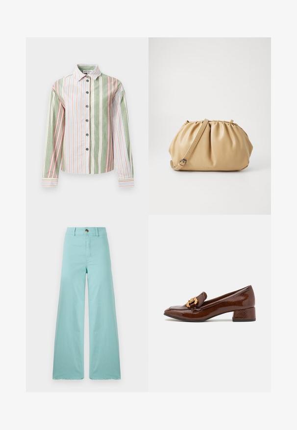 Gestreept overhemd in groen, wit en roze. Heeft een kraag, lange mouwen en een afgeronde zoom met contrasterende manchetten en knopen.; Wijdvallende broek gemaakt van lichtblauwe stof met een rafelige zoom. Voorzien van een knoopsluiting en standaardzakken. Overal een gladde textuur.; Bruine leren loafers met een glanzende afwerking, met een decoratieve gouden gesp aan de voorkant en een lage blokhak. Klassiek ontwerp.; Tan leren handtas met een geplooid ontwerp, verstelbare schouderriem en een ronde vorm. Minimalistische branding op het vooroppervlak.