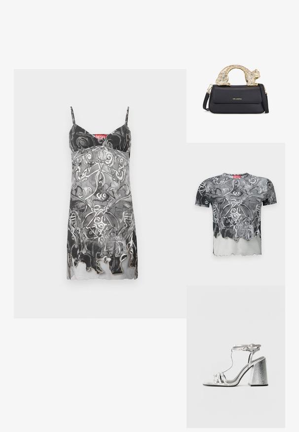 Melnas un pelēkas krāsas īsām piedurknēm T-krekls ar abstraktu virmojošu rakstu, ar viļņotu apakšmalu un sarkanu etiķeti uz kakla.; Melnās un pelēkās krāsas bez piedurknēm kleita ar abstraktu vijīgu rakstu. Aprīkota ar plānām siksnām un delikātu viļņotu apakšmalu. Redzama zīmola etiķete.; Sudraba papēžu sandales ar blokveida papēdi, kas aprīkotas ar plānām siksniņām un potītes sprādzi. Materiāls ir ar metāliski spīdīgu apdari un fakturētu izskatu.; Melnā ādas rokassoma ar zeltītu kaķa formas rokturi, ar priekšējo vāku, regulējamu siksnu un logo detaļu apakšējā priekšā.