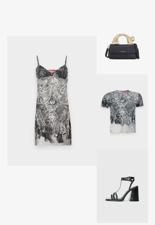 Krátký rukáv tričko v černé a šedé barvě s abstraktním vířivým vzorem, s vlnitým lemem a červenou etiketou na výstřihu.; Nebesné šaty bez rukávů v černé a šedé barvě s abstraktním vířivým vzorem. Mají tenké ramínka a decentní vlnkovaný lem. Viditelná značka značky.; Černé sandály na podpatku s lesklým lakovaným povrchem, s více pásky, kulatými kovovými detaily a masivním čtvercovým podpatkem.; Černá kožená kabelka se zlatým držadlem ve tvaru kočky, s předním klopovým uzávěrem, nastavitelným popruhem a detailem loga na dolní přední straně.