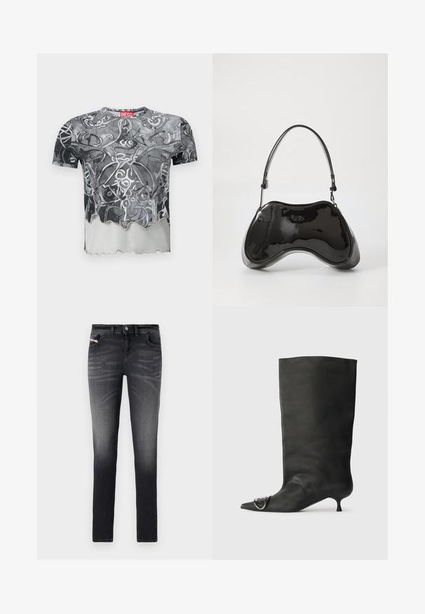 Camiseta de manga corta en negro y gris con un patrón abstracto de espirales, con un dobladillo ondulado y una etiqueta roja en el cuello.; Jeans ajustados de algodón en gris oscuro. Presentan un acabado desgastado, diseño estándar de cinco bolsillos y cierre frontal con botón.; Bota de cuero negra hasta el tobillo con punta afilada, tacón pequeño y detalle metálico en la punta. Textura suave y mate en toda la superficie.; Bolso de mano de piel sintética negra con un diseño curvado único, asas cortas y ajustables, y abertura con cremallera en la parte superior. Textura suave con una sutil marca.