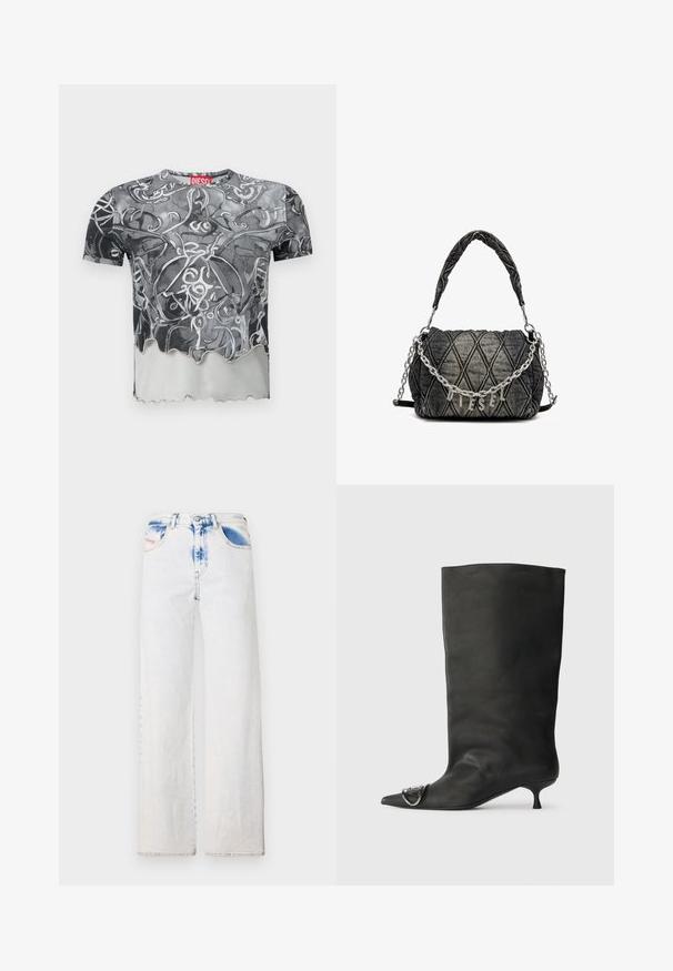 Fekete és szürke rövid ujjú póló, absztrakt örvénylő mintával, fodros alsó széllel és piros címkével a nyakrésznél.; Világoskék, bő szabású, farmerből készült nadrág, amelyen elhalványult mosás található. Elöl gombos záródással, standard zsebekkel és diszkrét kopott részletekkel rendelkezik.; Fekete bőr bokacsizma hegyes orral, kis sarokkal és fémes díszítéssel az orrán. Az egész felületen sima, matt textúra.; Tömött farmer táska sötétszürke színben, lánc linkes pánttal és fényes "DIESEL" logóval. Kompakt, téglalap alakú, textúrált felülettel.
