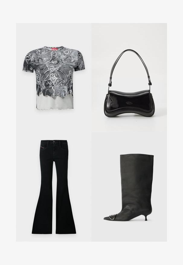 Lyhythihainen T-paita mustana ja harmaana, jossa on abstrakti pyörivä kuvio. Paidan helma on aaltoileva ja kaula-aukossa on punainen etiketti.; Mustat levenevät farkut, joissa on korkea vyötärö, denimpintaiset, etutaskut ja pieni logoteema etutaskussa.; Musta nahkainen nilkkabootsi, jossa on terävä kärki, pieni korko ja metallinen korostus kärjessä. Pehmeä, mattapintainen rakenne kauttaaltaan.; Mustan lakatun nahkataskun kaareva muoto, jossa on yksi kahva ja pyöreä pohja. Etuosassa on hienovarainen logo.