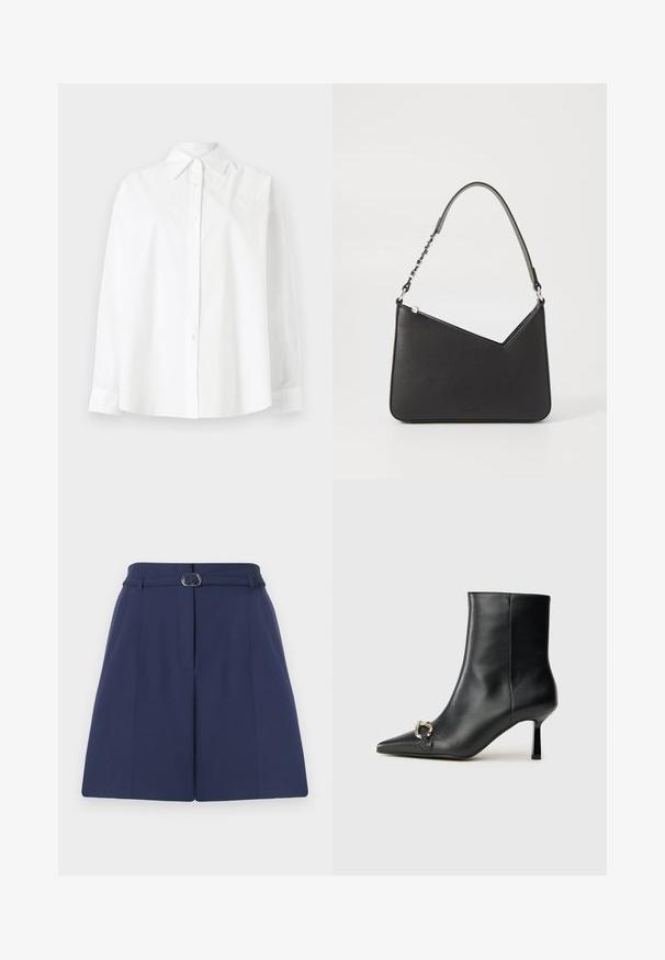 Camisa branca de botão, feita de algodão, com colarinho clássico, mangas longas e bordado discreto de coração no lado superior esquerdo.; Calções ajustados azul-marinho com um cinto, apresentando passadores para cinto, detalhes de plissado e uma textura de tecido suave. Corte reto padrão.; Bota preta de couro até ao tornozelo com bico apontado, salto slim de altura média e detalhe em fivela prateada de lado, contra um fundo simples.; Bolsa de couro preta com formato triangular, alça fina e detalhes em metal prateado. Apresenta um fecho com zíper e logótipo em relevo na parte frontal.