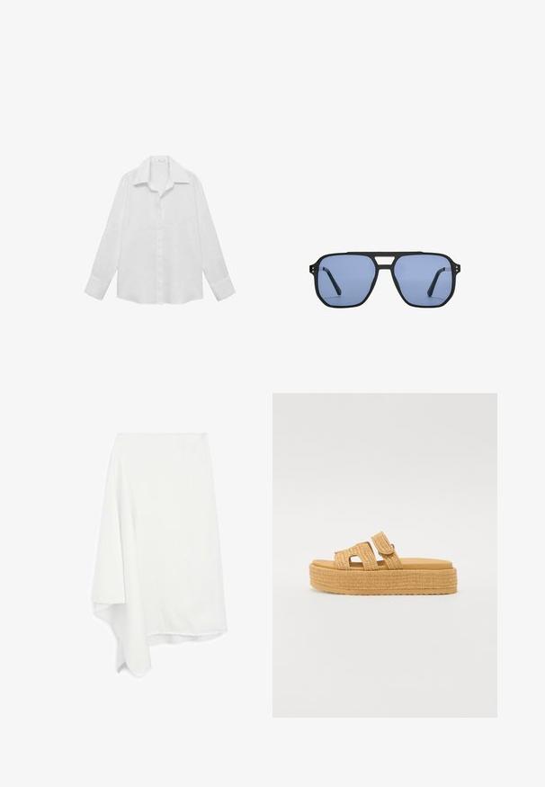 Vit långärmad skjorta i ett smidigt tyg. Har en klassisk krage, knapplist och knappade manschetter med en avslappnad passform.; Asymmetrisk vit kjol gjord av mjukt, lättviktigt tyg; fransad nederkant; slät textur; hänger elegant på ena sidan.; Steve Madden BIGMISSILE - Tofflor & inneskor - beige; Stradivarius RETRO - Solglasögon - light blue