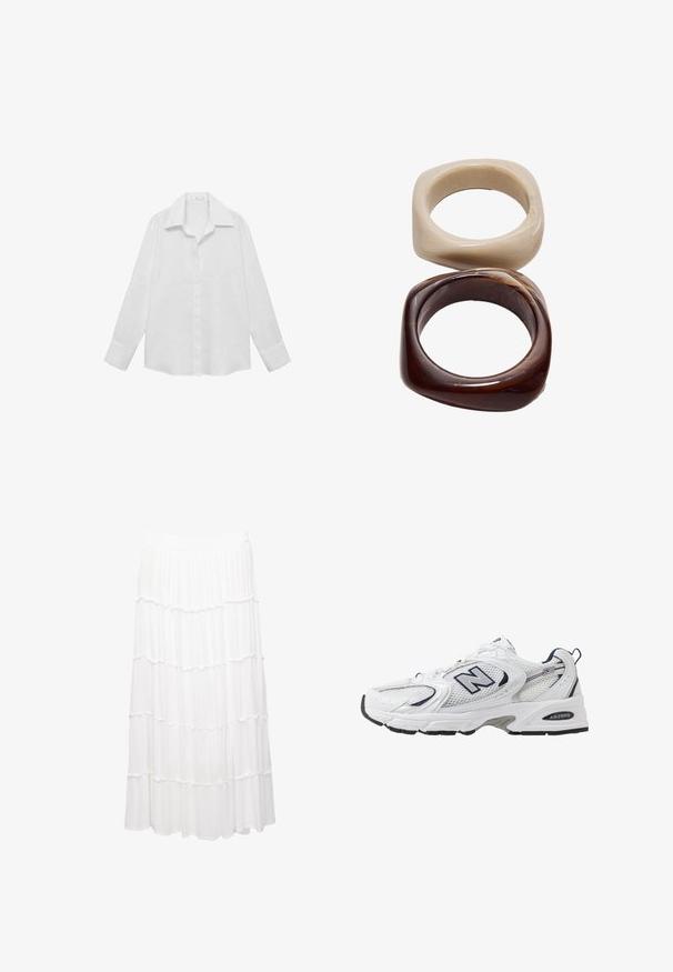 Chemise blanche à manches longues en tissu lisse. Présente un col classique, une patte de boutonnage et des poignets boutonnés avec une coupe décontractée.; Jupe blanche à volants en tissu léger, dotée d'une taille élastique, de couches froncées et d'un design fluide qui descend jusqu'au milieu du mollet.; B baskets blanches avec une tige en mesh, des accents bleu marine et une semelle rembourrée. Présente le logo "N", des lacets et un détail texturé sur le côté.; Stradivarius SET - Bracelet - dark brown