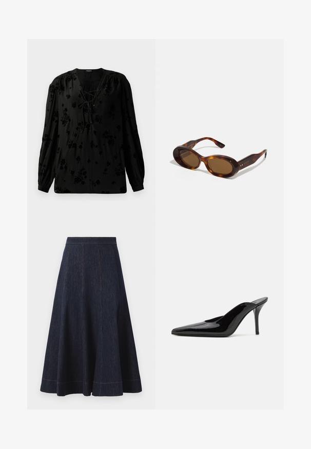 Black blouse made of soft fabric, featuring a lace-up neckline and floral pattern. Long, puffed sleeves and a relaxed fit complete the design.; Dark blue denim skirt with a flared silhouette, featuring vertical seam details and contrasting orange stitching along the hem.; Black patent leather high-heeled mule with a pointed toe and a sleek silhouette, featuring an open back and a slender stiletto heel.; Tortoiseshell sunglasses with oval lenses, brown tint, and gold accents on the arms. Thick frames with a glossy finish and smooth texture.; Brown crocodile-embossed leather bag with a cylindrical shape, gold-tone hardware, and a detachable strap featuring studs.