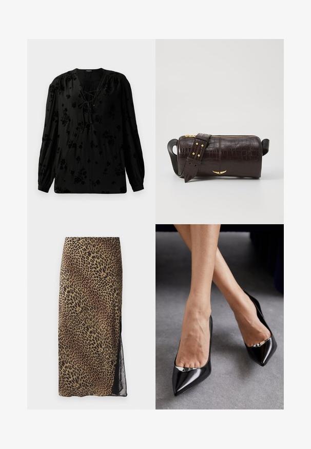 Blusa negra de tela suave, con escote con cordones y patrón floral. Las mangas largas y abullonadas y un corte relajado completan el diseño.; Falda midi de estampado de leopardo con una silueta ajustada, panel lateral de encaje transparente y textura de tela suave en tonos terrosos.; Zapatos de tacón alto de cuero negro con punta afilada y diseño abierto, que presentan un acento decorativo plateado. Textura suave con acabado pulido.; Bolso de cuero marrón con estampado de cocodrilo, de forma cilíndrica, con herrajes en tono dorado y una correa desmontable con tachuelas.