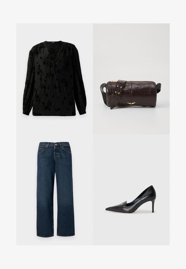 Zwarte blouse gemaakt van zachte stof, met een vetersluiting in de halslijn en een bloemenpatroon. Lange, opgeblazen mouwen en een losse pasvorm maken het ontwerp compleet.; Donkerblauwe denim jeans met een rechte snit, vijf zakken en metalen hardware. Heeft een lichte vervaging en een schone zoom.; Zwarte leren pump met een spitse neus, lage vamp en een decoratieve gouden accent. Voorzien van een stilettohak en een gladde textuur.; Bruine krokodil-embosserende leren tas met een cilindervorm, gouden hardware en een afneembare schouderband met studs.