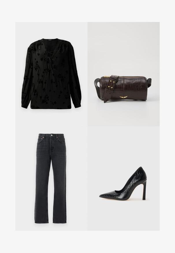 Juoda bluzonė, pagaminta iš minkštos medžiagos, su nėriniais išpjaustytu dekoru ir gėlių raštu. Ilgos, pūstos rankovės ir laisvas modelis užbaigia dizainą.; Juodos tiesios kojų džinsinės kelnės su penkiomis kišenėmis, mygtuko uždarymu ir diržo kilpelėmis, eksponuojamos prieš baltą foną.; Juoda smailiakulnė aukšto kulno bateliai su krokodilo odos tekstūra, pasižymintys elegantišku dizainu, aukštu stiletu kulnu ir lygia juoda vidine dalimi.; Ruda krokodilo odspaudo odinė rankinė cilindro formos, su auksinėmis detalėmis ir nuimamu dirželiu, papuoštu studelėmis.