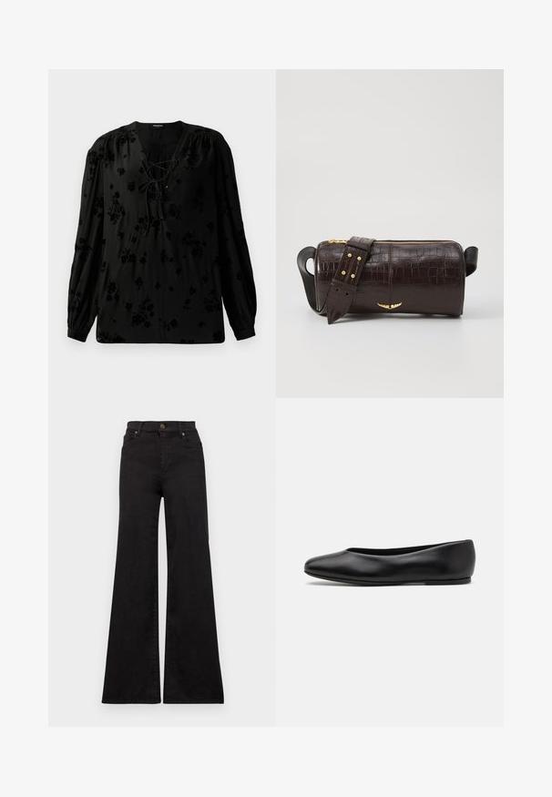 Black blouse made of soft fabric, featuring a lace-up neckline and floral pattern. Long, puffed sleeves and a relaxed fit complete the design.; Black flared jeans made of denim with a high waist, featuring front pockets and metallic hardware on the button and rivets.; Paul Smith TOPANGA - Ballet pumps - black; Brown crocodile-embossed leather bag with a cylindrical shape, gold-tone hardware, and a detachable strap featuring studs.