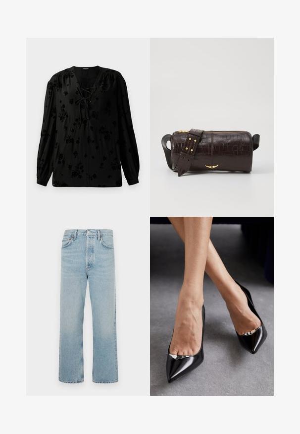 Mustapaita, joka on valmistettu pehmeästä kankaasta, ja siinä on nauhakuja ja kukkakuosi. Pitkät, puffi hihat ja rento leikkaus täydentävät muotoilua.; Vaaleansiniset farkut suora lahjeratkaisu, viisi taskua ja kuparinvärinen varustus. Raaka helma, jossa on hieno haalistuma ja tekstuuri.; Musta nahkasaapas, jossa on korkea korko, terävä kärki ja avoin muotoilu, jossa on koristeellinen hopeinen yksityiskohta. Sujuva pinta kiilloitetulla viimeistelyllä.; Ruskea krokotiilinkuosilla varustettu nahkalaukku, jossa on sylinterimäinen muoto, kultasävyiset yksityiskohdat ja irrotettava hihna, jossa on niittejä.