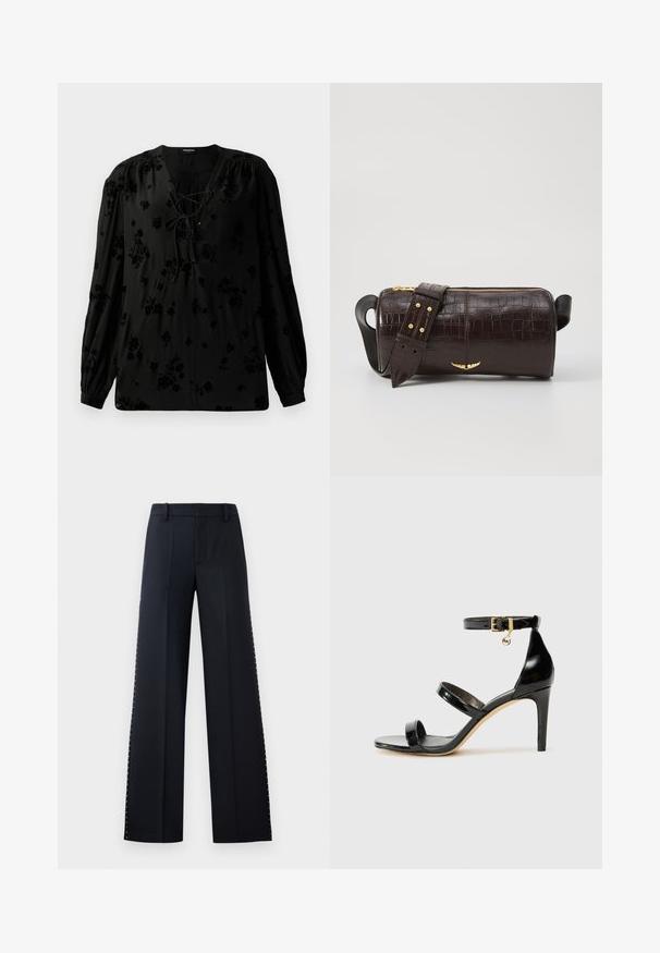 Black blouse made of soft fabric, featuring a lace-up neckline and floral pattern. Long, puffed sleeves and a relaxed fit complete the design.; Wide-leg trousers in black. Tailored fit with a smooth texture. Features a row of metallic studs along the side seams for detail.; Black patent leather sandal with three straps, ankle buckle, and 4-inch stiletto heel. Features gold hardware detail and logo charm.; Brown crocodile-embossed leather bag with a cylindrical shape, gold-tone hardware, and a detachable strap featuring studs.