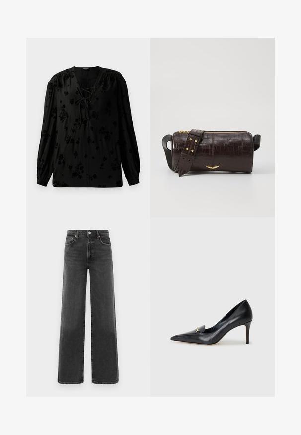 Black blouse made of soft fabric, featuring a lace-up neckline and floral pattern. Long, puffed sleeves and a relaxed fit complete the design.; Black high-waist straight-leg denim jeans with front button and zipper, two front pockets, and two back pockets.; Black leather pump with a pointed toe, low-cut vamp, and a decorative gold accent. Features a stiletto heel and smooth texture.; Brown crocodile-embossed leather bag with a cylindrical shape, gold-tone hardware, and a detachable strap featuring studs.