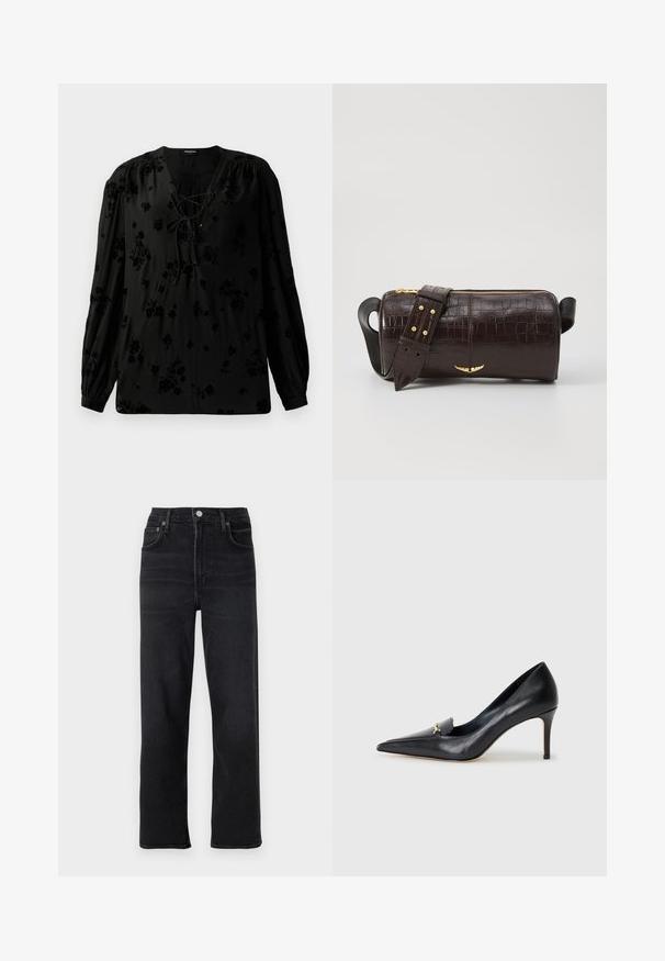 Bluză neagră dintr-un material moale, cu un guler cu șnur și un model floral. Mâneci lungi, bufante și o croială lejeră completează designul.; Jeans negri cu picioare drepte din denim. Prezintă cinci buzunare, închidere cu nasture și fermoar, și detalii subtile de broderie.; Pantof cu toc din piele neagră, cu vârf ascuțit, decolteu adânc și un accent decorativ auriu. Prezintă un toc stiletto și o textură netedă.; Geantă din piele căptușită cu un model de crocodil de culoare maro, cu o formă cilindrică, accesorii de culoare aurie și un curea detasabilă cu tăieturi.