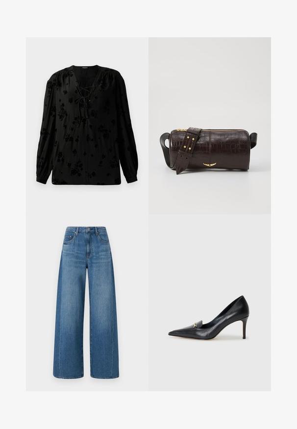 Blusa preta feita de tecido macio, com um decote estilo cordão e padrão floral. As mangas longas e bufantes e o corte descontraído completam o design.; Jeans de perna larga azul com lavagem média, apresentando uma cintura alta, cinco bolsos e um ligeiro efeito de desgaste. Feitos de denim com uma textura suave.; Sapatilha de couro preto com bico fino, vamp baixo e um detalhe decorativo em ouro. Apresenta um salto agulha e uma textura suave.; Bolsa de couro com textura de crocodilo na cor marrom, com forma cilíndrica, metalizações em tom dourado e uma alça destacável com tachas.
