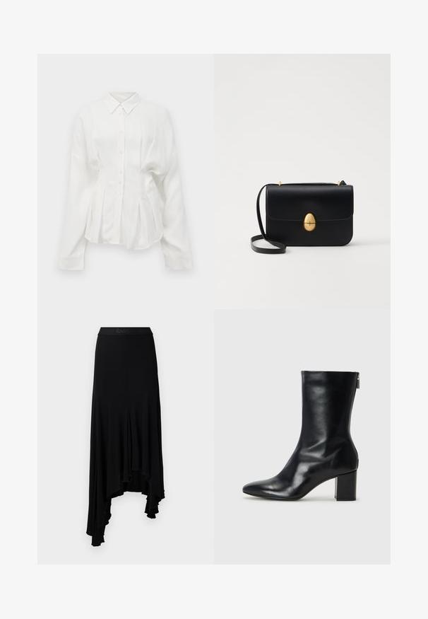 Balta ilgomis rankovėmis marška, turinti smailų apykaklę, mygtukų priekį ir klostuotą dizainą. Pagaminta iš lygaus audinio su švelniu blizgesiu.; Juoda asimetrinė sijonas su banguotu apačiu, pagamintas iš minkštos, elastingos medžiagos, turintis plačią juosmenį su iškaltu prekės ženklu.; Juodų odinių kulkšninių botų su smailiu nosiu ir 4 cm pločio bloku. Išskirtinis dizainas pasižymi šoniniu užtrauktuku, leidžiančiu lengvai apsiauti. Lygi tekstūra.; Juodas odinis rankinukas su struktūrine stačiakampio forma. Yra auksinė ovali sagtis ir plona petneša. Glotni tekstūra.