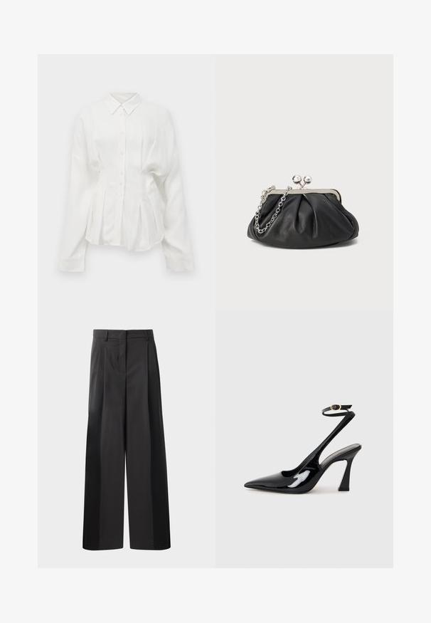 Bela srajca z dolgimi rokavi, z značilnim ožjim ovratnikom, gumba spredaj in nagubanim dizajnom. Narejena iz gladkega materiala z rahlim sijajem.; Črne široke hlače z visokim pasom, z oblikovanimi pregibi spredaj, gladko teksturo in natančno dodelavo. Oblikovane za sproščen fit.; Črne patentne usnjene slingback visoke pete s koničastim nosom, nastavljivim gležnjastim trakom in zmerno blokasto peto. Gladka tekstura z bleščečim zaključkom.; Črna usnjena torbica z nabranim teksturo, okovjem iz srebrne kovine, zapiranjem na poljub in verižnim ročajem. Gladka, mehka površina.