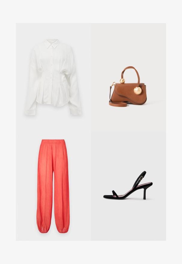 Camisa blanca de manga larga, con cuello puntiagudo, cierre de botones y diseño plisado. Confeccionada con un tejido suave que tiene un ligero brillo.; Pantalones de color coral, holgados, con cintura elástica y textura arrugada, con puños ajustados. La tela ligera permite comodidad y transpirabilidad.; Sandalia de tacón alto de gamuza negra para mujer, con tiras finas y una hebilla dorada, sobre un fondo blanco, vista lateral.; Bolso de cuero marrón con un diseño ondulado, que cuenta con dos acentos circulares dorados y una correa de hombro desmontable para un transporte versátil.