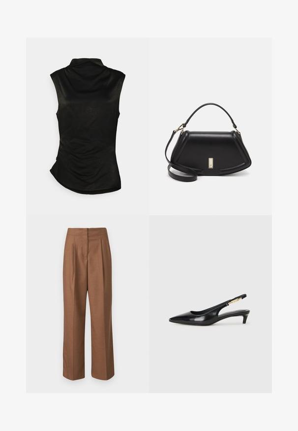 Czarny bezrękawnik z wysokim kołnierzem, miękką teksturą i zaokrąglonym dołem. Posiada marszczenia po bokach dla dopasowanego wyglądu.; Brązowe dopasowane spodnie z wysokim stanem, szerokimi nogawkami, fałdami z przodu i gładką teksturą. Brak widocznych kieszeni lub ozdób.; Czarne skórzane szpilki typu slingback z ostrym noskiem, posiadające smukły obcas i złoty akcent na regulowanym pasku. Gładka tekstura.; Czarna skórzana torebka o strukturalnym designie, z przyciętą formą, górnym uchwytem i złotymi akcentami. W zestawie regulowany pasek na ramię.