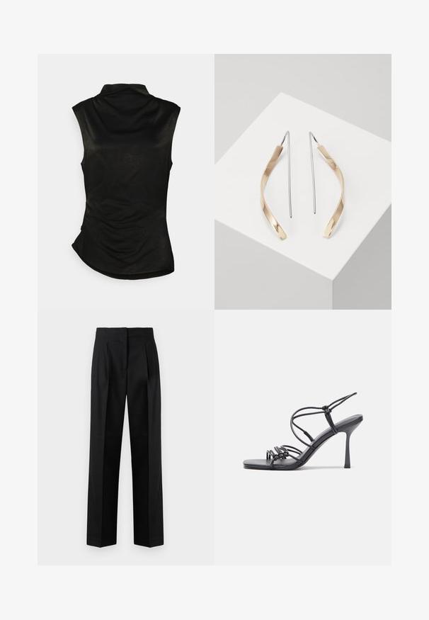 Mustamata rinnaosa kõrge kraega, pehme tekstuuriga ja kumerate servadega. Sel juhul on külgedel kogumise detailid, et saavutada kehaülesene välimus.; Mustad mustadest kangast püksid, millel on vooderdatud disain, voldid, sirge jalg ja lame esiosa. Vastupidav ja sile tekstuur.; Mustad musta värvi kontsandaalid on varustatud peente rihmadega, millel on sõlmekujundus, siledad ruudukujulised varbad ja stiilne stilettokonts.; Kulla- ja hõbedased ripatsid kõrvarõngad, millel on kõver, piklik kuju. Läikiv viimistlus koos sujuva tekstuuri ja minimalistliku kujundusega.