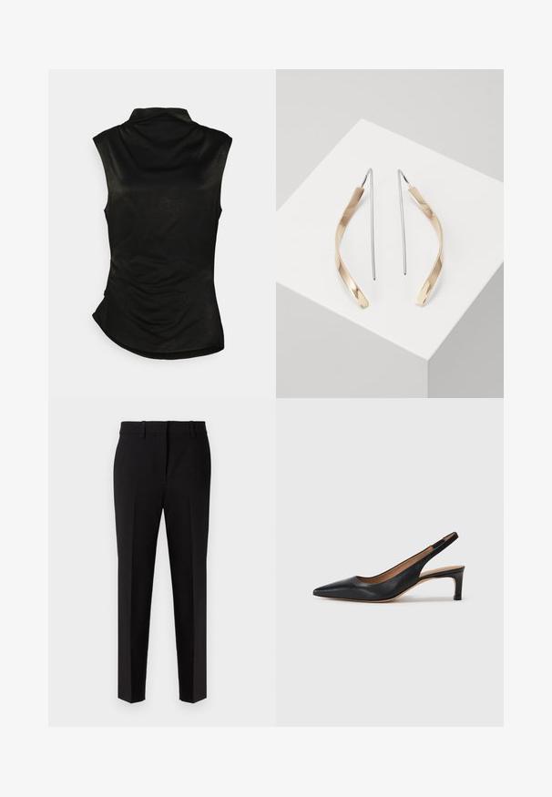 Czarny bezrękawnik z wysokim kołnierzem, miękką teksturą i zaokrąglonym dołem. Posiada marszczenia po bokach dla dopasowanego wyglądu.; Czarne spodnie materiałowe o prostym kroju, wykonane z gładkiego materiału. Posiadają płaski przód, szlufki na pasek oraz dopasowane wykończenie.; Czarne skórzane czółenka na potylicy z wydłużonym noskiem, niskim obcasem i gładką fakturą. Posiadają cienki, regulowany pasek zapewniający pewne dopasowanie.; Złote i srebrne kolczyki w kształcie zakrzywionym, wydłużonym. Powierzchnia błyszcząca z gładką fakturą i minimalistycznym wzornictwem.