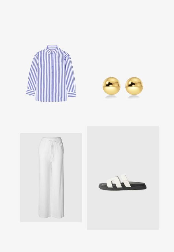 Gestreept overhemd in lichtblauw en wit, met een standaardkraag, lange mouwen en een borstzak. Gemaakt van katoen.; Witte brede broekspijpen gemaakt van lichtgewicht stof, met een elastische tailleband met trekkoord en een zachte textuur.; Witte schuifsandalen met twee brede banden, zwarte rubberen zool, minimalistisch ontwerp en een zachte textuur. Geschikt voor casual draag.; Goudkleurige sferische oorbellen met een glanzend, reflecterend oppervlak. Het ontwerp is eenvoudig en glad, wat zorgt voor een moderne, minimalistische uitstraling.