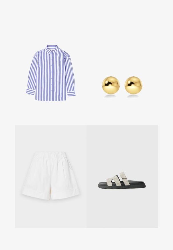 Gestreiftes Hemd in Hellblau und Weiß, mit Kentkragen, langen Ärmeln und einer Brusttasche. Aus Baumwolle.; Weiße Baumwollshorts mit einem elastischen Bund, zwei Seitentaschen und umgeschlagenen Säumen. Der gefaltete Schnitt verleiht Textur und Dimension.; Schwarze Riemensandale mit flacher Sohle und zwei vertikalen Bändern, die mit silbernen Strasssteinen verziert sind. Gummioberfläche mit subtiler Profildesign.; Goldfarbene, kugelförmige Ohrringe mit einer glänzenden, reflektierenden Oberfläche. Das Design ist schlicht und glatt, was einen modernen, minimalistischen Look erzeugt.