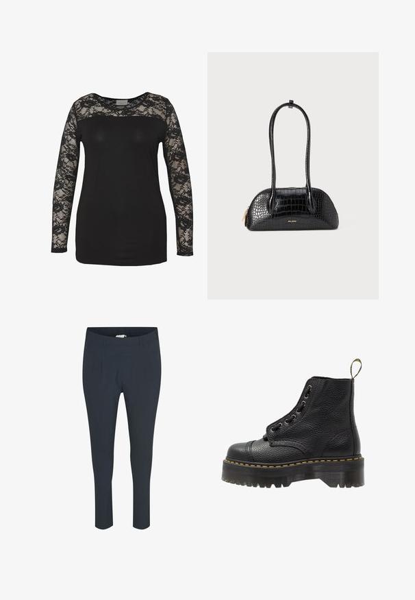 Schwarzes Oberteil mit langen Spitzenärmeln, bestehend aus einem einfarbigen schwarzen Körper und floralen Spitzendetails. Runder Ausschnitt mit glatter Textur.; Marineblaue, taillierte Hose mit glatter Textur, die an der Vorderseite Falten und einen dehnbaren Bund für zusätzlichen Komfort aufweist.; Schwarze Leder-Ankle-Boots mit strukturierten Oberflächen, runder Zehenpartie, Schnürdesign, gelben Nähten und einer dicken, gerippten schwarzen Plateausohle.; Schwarze Handtasche mit Krokodil-Optik, glatter Textur, runder Form und zwei schlanken Tragegriffen. Goldenes Logo-Detail in der Nähe des Bodens.; Silberne Metall-Creolen, oval geformt, dünnes Design, leicht, mit glatter Textur und sicherem Verschluss für einfaches Tragen.