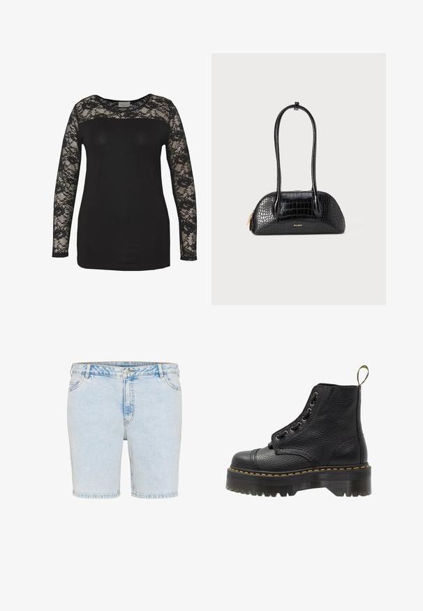 Melna blūze ar garām mežģīņu piedurknēm, kurai ir ciets melns korpuss un ziedu mežģīņu apdare. Apaļš kakla izgriezums ar gludu tekstūru.; Gaiši zili džinsu šorti ar taisnu griezumu, piecām kabatām un redzamu diegu šuvēm. Ar pogu un rāvējslēdzēju.; Melnas ādas potītes zābakus ar teksturētu virsmu, apaļu purngala formu, lace-up dizainu, dzelteniem našiem un biezu, rievotu melnu platformas zoli.; Melnā krokodila raksta soma ar gludu tekstūru, noapaļotu formu un divām šaurām rokturiem. Zelta logotipa akcenti tuvu apakšai.; Sudraba riņķveida auskari, apaļa forma, gluda metāla virsma, nav redzamu rotājumu, viegla konstrukcija, vienāda biezuma.