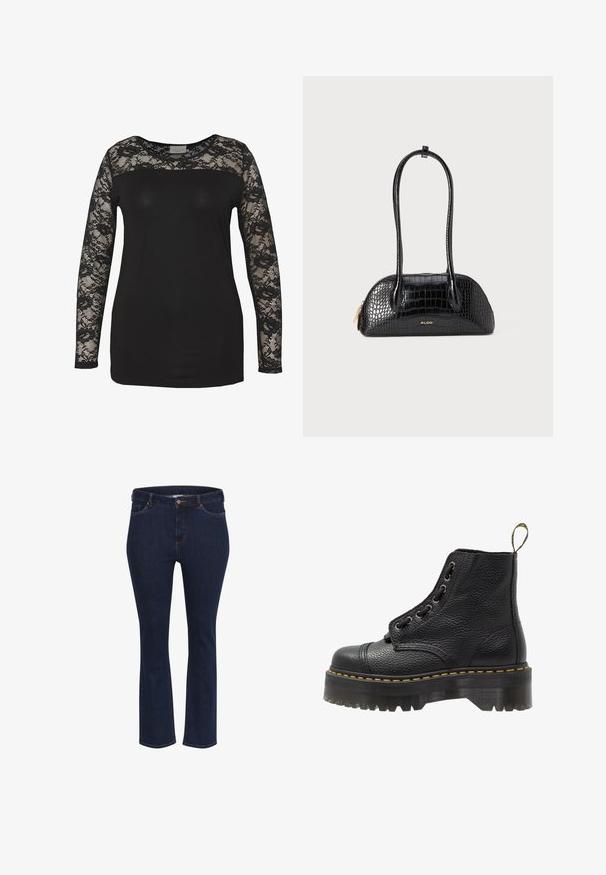 Black top with long lace sleeves, featuring a solid black body and floral lace detailing. Round neckline with smooth texture.; Blue denim jeans with a straight-leg cut, featuring five pockets, contrasting stitching, and a metal button closure at the waistband.; Black leather ankle boot with textured surface, round toe, lace-up design, yellow stitching, and a thick, ridged black platform sole.; Black crocodile-patterned handbag with a smooth texture, rounded shape, and two slender handles. Gold logo accent near the base.; Silver hoop earrings, round shape, smooth metal surface, no visible embellishments, lightweight design, uniform thickness.