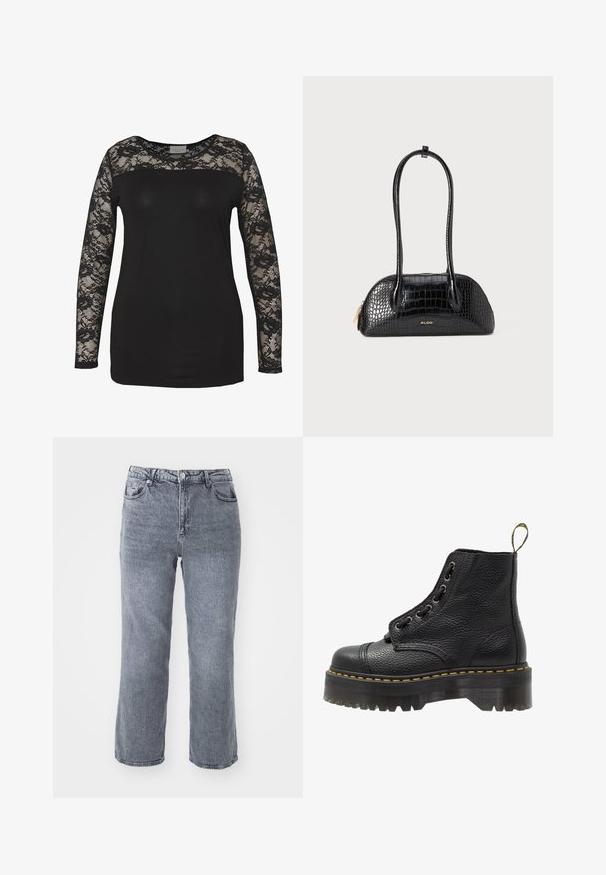 Musta yläosa, jossa on pitkät pitsihihat, vedenpitävällä mustalla rungolla ja kukkakuvioidulla pitsiyksityiskohdalla. Pyöreä pääntie, jossa on sileä tekstuuri.; Harmaat korkeavyötäröiset farkut, jotka on valmistettu denimistä, suoralla lahkeella, kaksilla etutaskuilla ja yhdellä takataskulla, jossa on hieno kuluminen.; Mustat nahkaisen nilkkurit, joissa on teksturoidun pinnan, pyöreä kärki, nauhakiinnitys, keltainen ommel ja paksu, uritettu musta alustapohja.; Mustan krokotiilikuosilla varustettu käsilaukku, jossa on sileä pinta, pyöreä muoto ja kaksi hohtavaa kahvaa. Kulta-logo koristeena laukun alaosassa.; Hopehope hopehope hopehope hopehope hopehope, joka on sileä ja kiillotettu pinta ja ohut, pyöreä muoto. Muotoilu sisältää turvallisen lukituksen.