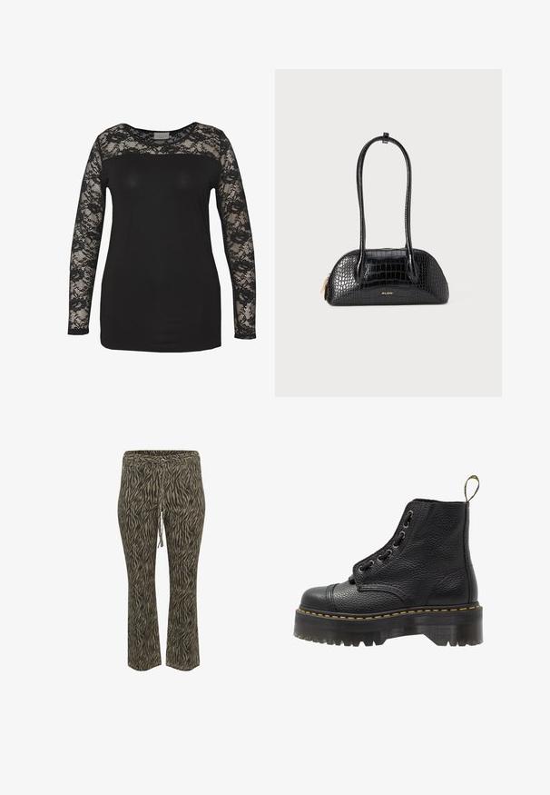 Juodas marškinėlis su ilgomis nėrinių rankovėmis, turintis vientisą juodą korpusą ir gėlių nėriniavimo detalių. Apvalus iškirpimas su lygia tekstūra.; Khaki ir béžinės zebro rašto elastingos juostos kelnės su raišteliu. Vidutinio aukščio, plačios kojelės dizainas, minkšta tekstūra. Tinka kasdieniam dėvėjimui.; Juodas odinis aulinukas iki kulkšnies su tekstūruotu paviršiumi, apvaliu pirštu, raištelių uždarymo dizainu, geltonomis siūlėmis ir storu, briaunotu juodu platformos padu.; Juodas krokodilo rašto rankinukas su lygia tekstūra, apvalia forma ir dviem plonais rankenomis. Aukso logotipo akcentas arti apačios.; Sidabrinės auskarų įrankės, apvalios formos, glotni metalinė danga, be matomų puošmenų, lengvas dizainas, vienodas storis.