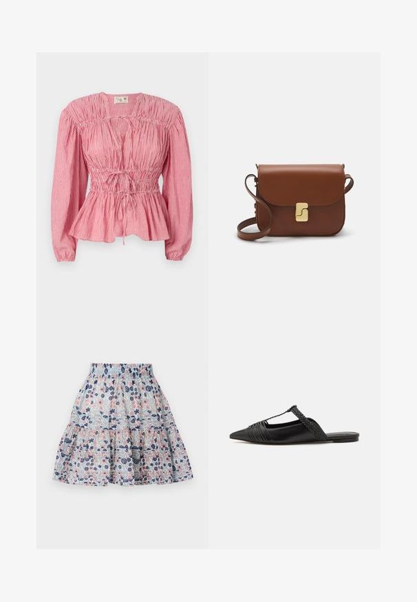 Punane ja valge triibuline pluus pikkade varrukatega, kogutud rinnaosa ja reguleeritava nööriga vööl, millel on peplum ääreline.; Heleline lilledega seelik helesinises toonis, millel on roosa ja tume sinine lillemuster. Kihtidega disain elastse vöökoha ja pehme, tekstuurse kangaga.; Must kuulsad nahast kandadega kingad, millel on terav nina, koos kootud detaili ja volditud ülaosaga. Lame tald minimaalse riistvaraga.; Pruunist nahast käekott, millel on klapiga sulgur, kuldne riistvara, õlarihm ja sile tekstuur. Kompaktne ristkülikukujuline vorm.