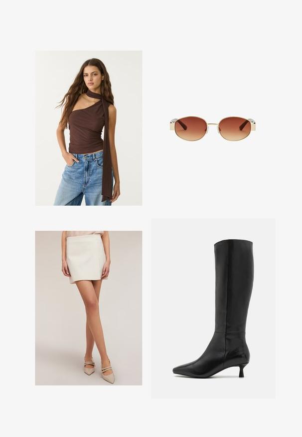 Brązowy bezrękawnik z drapowanym dekoltem i długim wiązaniem. Charakteryzuje się dopasowanym krojem, miękką teksturą i zbieranym wzorem, w połączeniu z niebieskimi dżinsami.; Biała mini spódnica o prostym kroju z delikatnym połyskiem. Noszona z beżowymi szpilkami z ostrym noskiem i podwójnymi paskami na kostkach. Gładka faktura materiału.; Zign - Kozaki; Okrągłe okulary przeciwsłoneczne z złotą metalową ramą, brązowymi gradientowymi soczewkami, przezroczystymi plastikowymi akcentami po bokach oraz brązowymi wzorzystymi zausznikami.
