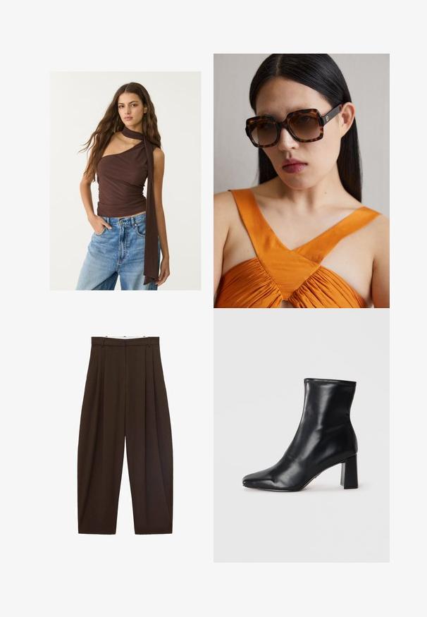 Brun, ærmeløs top med draperet halsudskæring og lang slips. Har en tætsiddende silhuet, blød tekstur og samlet design, parret med blå jeans.; Brune højtaljede bukser med folder, lavet af glat stof. Løs pasform, straight leg design, med bæltestropper og lynlås.; Sorte læder ankelstøvler med spids tå og struktureret blokhæl. Glat tekstur med et strømlinet, minimalistisk design.; Brune skildpaddemønstrede oversized solbriller med en bred rektangulær kant og gradientlinser. Guldfarvet logo detalje på siden.; Brun læder tote taske med to stropper, sølv hardware detaljer, dekorative kvaster og en lille matchende lynlåsbortegnelse vedhæftet.; Guldtonet blomsterbroche med en central hvid perle, omkranset af flerfarvede ædelstensblade og glitrende klare rhinsten.