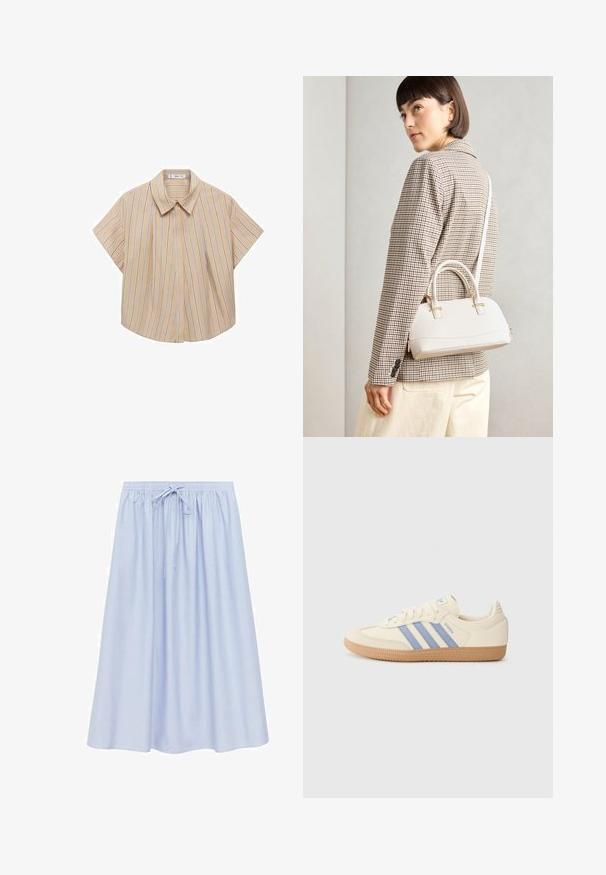 Košeľa s krátkym rukávom a golierom v svetlej béžovej farbe s vertikálnymi pruhmi v modrej a bielej. Obsahuje predný záhyb pre lepšiu štruktúru.; Svetlo modrá sukňa po kolená s voľným strihom, vybavená elastickým pásom a nastaviteľnými šnúrkami. Hladká, ľahká látka.; Krémové tenisky s svetlomodrými pruhmi a textom „Samba“. Majú štruktúrovanú gumenú podrážku a hladký kožený zvršok.; Biela štruktúrovaná kabelka s krátkymi rúčkami a ramenným popruhom, s zlatými kovovými prvkami a textúrovaným materiálom, vystavená na šedom pozadí.