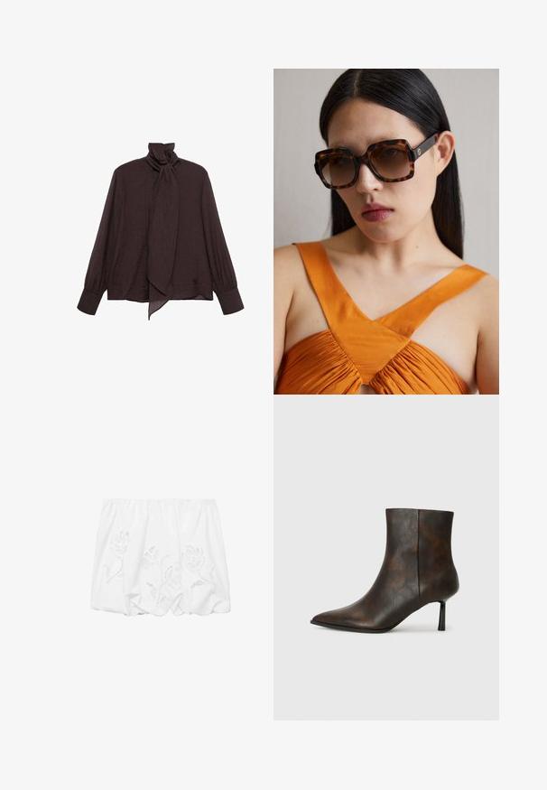 Blusa a maniche lunghe in tessuto increspato marrone scuro. Presenta un alto colletto con dettaglio a fiocco e maniche con polsini. Tessuto morbido e leggero.; Top bianco scollato sulle spalle realizzato in tessuto leggero, con ricami floreali e un design arricciato lungo il colletto elastico.; Stivale alla caviglia in pelle marrone con punta affusolata, design elegante e tacco sottile nero. Superficie strutturata con un motivo sottile.; Occhiali da sole oversize in tartaruga marrone con una ampia montatura rettangolare e lenti sfumate. Dettaglio del logo in oro sul lato.; Borsa a tracolla in suede marrone con una lunga cinghia in pelle, accessori in argento, forma rettangolare e un pattina piatta con un abbellimento centrale.
