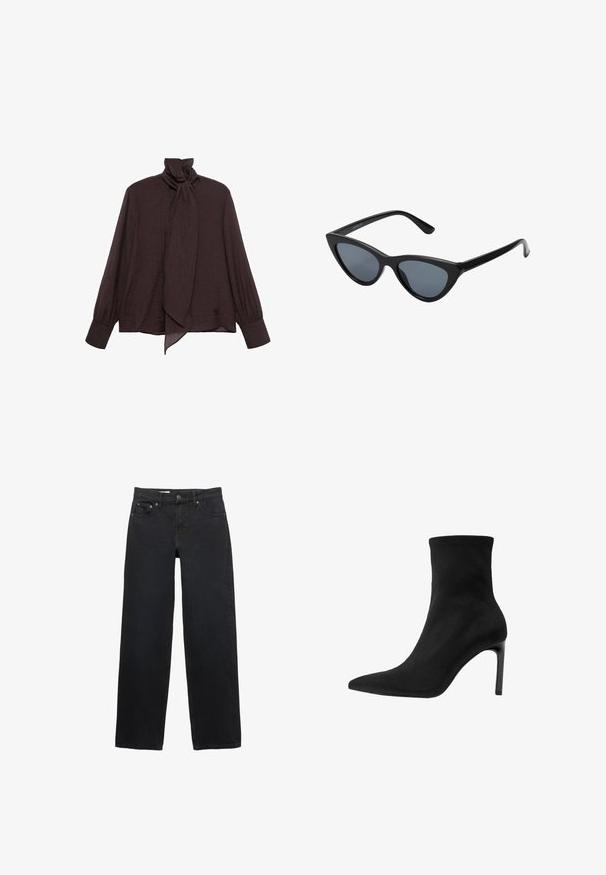 Bluză cu mâneci lungi dintr-un material texturat, de culoare maro închis. Are un guler înalt cu detalii legate și manșete cu nasturi. Textura este netedă și ușoară.; Jeans negre cu croi larg, fabricate din denim, având cinci buzunare, închidere cu nasture, cusături subtile și un tăiat drept de la talie până la poale.; Botină neagră, realizată din suede fin, cu vârful ascuțit și toc înalt stilettos. Design elegant, minimalist, fără embellishments.; Ochelari de soare negri de tip cat-eye cu lentile gri închis, cadru din plastic elegant, colțuri ascuțite și brațe drepte. Fără hardware sau accente vizibile.; Geantă de mână din piele burgundă, cu o formă curbată, accente aurii pe feronerie și închidere cu fermoar. Dispune de o curea de umăr detașabilă.