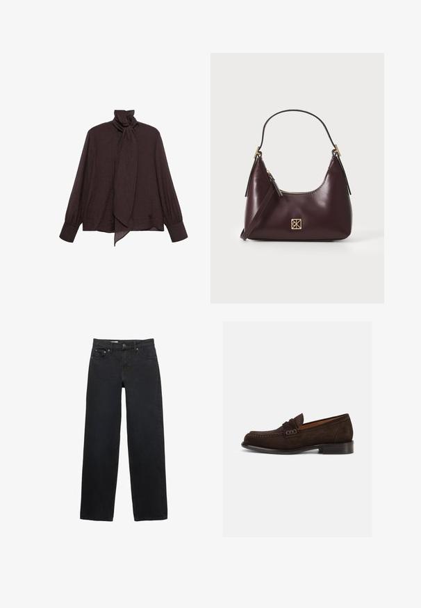Long-sleeve blouse in dark brown crinkled fabric. Features a high collar with a tie detail and cuffed sleeves. Smooth, lightweight texture.; Black wide-leg jeans made from denim, featuring five pockets, a button closure, subtle stitching, and a straight cut from waist to hem.; Brown suede loafers with a rounded toe, stitched detailing, and a small decorative accent on the strap. Flat heel design.; Burgundy leather handbag with a curved shape, gold accents on the hardware, and a zippered closure. Features a detachable shoulder strap.