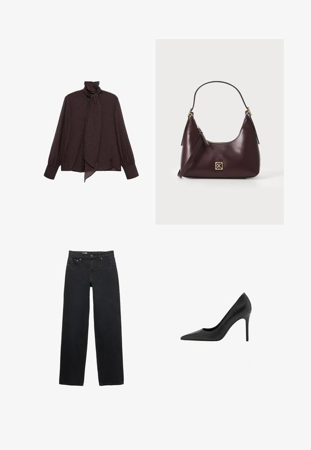 Langetermijnblouse van donkerbruin gekreukt stof. Heeft een hoge kraag met een strikdetail en manchetrokken mouwen. Gladd, lichtgewicht textuur.; Zwarte wijde jeans gemaakt van denim, met vijf zakken, een knoopsluiting, subtiele stiksels en een rechte snit van taille tot zoom.; Mango Klassieke pumps - black; Bordeaux leren handtas met een gebogen vorm, gouden accenten op het beslag en een ritssluiting. Voorzien van een afneembare schouderriem.
