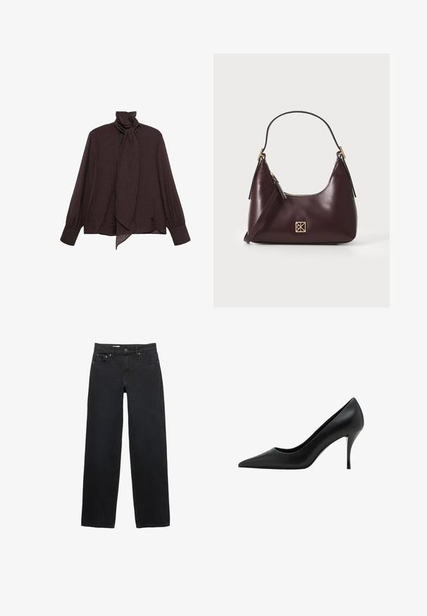Blusa a maniche lunghe in tessuto increspato marrone scuro. Presenta un alto colletto con dettaglio a fiocco e maniche con polsini. Tessuto morbido e leggero.; Jeans neri a gamba larga realizzati in denim, con cinque tasche, chiusura a bottone, cuciture sottili e una linea diritta dalla vita all'orlo.; Scarpa con tacco alto in pelle nera, punta affusolata, texture liscia e tacco a stiletto slanciato, caratterizzata da un design minimalista.; Borse in pelle borgogna con forma curva, dettagli in oro sull'hardware e chiusura con cerniera. Presenta una tracolla staccabile.