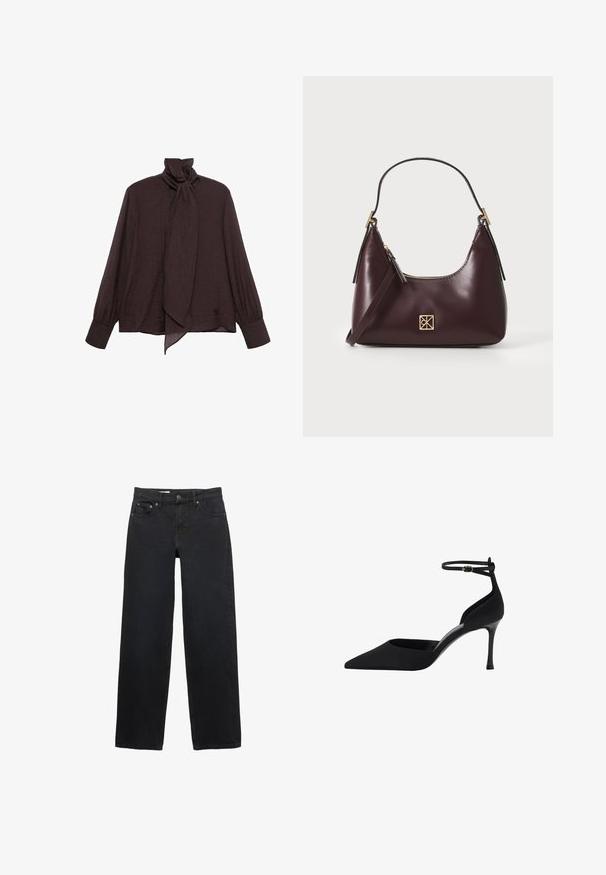 Bluza z dolgimi rokavi iz temno rjave nagubane tkanine. Ima visok ovratnik z zavezanjem in manšete na rokavih. Gladka, lahka tekstura.; Črne široke jeans hlače iz denima, s petimi žepi, gumbom za zapiranje, subtilnim šivanjem in ravnim krojem od pasu do roba.; Črne čevlje na visoki peti z ostrim nosom, ožjim petnim delom ter naramnicami okoli gležnja. Narejeni so iz gladkega materiala s prefinjenim dizajnom.; Burgundska kožna torbica s zakrivljenim oblikom, zlatnimi detajli na opremi in zadrgo. Ima odstranljiv naramni trak.