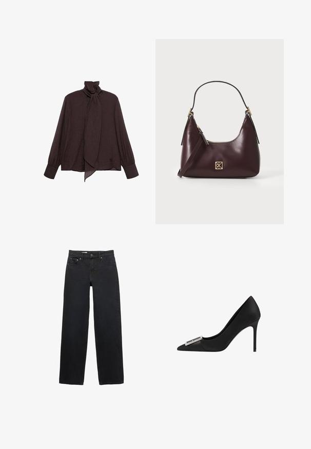 Bluza z dolgimi rokavi iz temno rjave nagubane tkanine. Ima visok ovratnik z zavezanjem in manšete na rokavih. Gladka, lahka tekstura.; Črne široke jeans hlače iz denima, s petimi žepi, gumbom za zapiranje, subtilnim šivanjem in ravnim krojem od pasu do roba.; Črna stiletto petka z ostrim nosom, satenska materiala in srebrnim kovinskim akcentom spredaj. Gladka tekstura, eleganten dizajn.; Burgundska kožna torbica s zakrivljenim oblikom, zlatnimi detajli na opremi in zadrgo. Ima odstranljiv naramni trak.