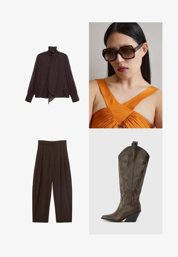 Bluzka z długim rękawem w ciemny brązowy kolorze, wykonana z pogniecionej tkaniny. Posiada wysoki kołnierz z detalem w postaci sznurka i mankiety. Gładka, lekka faktura.; Brązowe spodnie z wysokim stanem z zakładkami, wykonane z gładkiego materiału. Luźny krój, prosta nogawka, z różkami na pasek i suwakiem.; Brązowy skórzany kowbojski but z ostro zakończonym czubkiem, klinowym obcasem oraz dekoracyjną haftą. Posiada długą cholewkę i pętelkę do zakupu.; Brązowe okulary przeciwsłoneczne w tortoise shell o dużym prostokątnym oprawie i gradientowych soczewkach. Złota detalacja logo po boku.; Brązowa torebka zamszowa z długim skórzanym paskiem, srebrnymi akcentami, prostokątnym kształtem i płaską klapą z centralnym ozdobnym elementem.