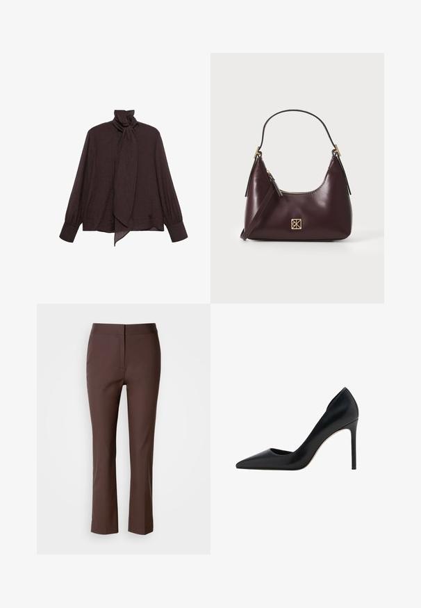 Langärmeliges Blusenshirt aus dunkelbraunem, plissiertem Stoff. Verfügt über einen hohen Kragen mit Krawatten-Detail und gekrempelte Ärmel. Glatte, leichte Textur.; Braune maßgeschneiderte Hose mit schmaler Passform, flachem Frontdesign, dezenten Seitentaschen und einem glatten, leicht elastischen Stoff.; Mango High Heel Pumps - black; Burgunderfarbene Lederhandtasche mit geschwungener Form, goldenen Akzenten an den Beschlägen und einem Reißverschlussverschluss. Verfügt über einen abnehmbaren Schultergurt.