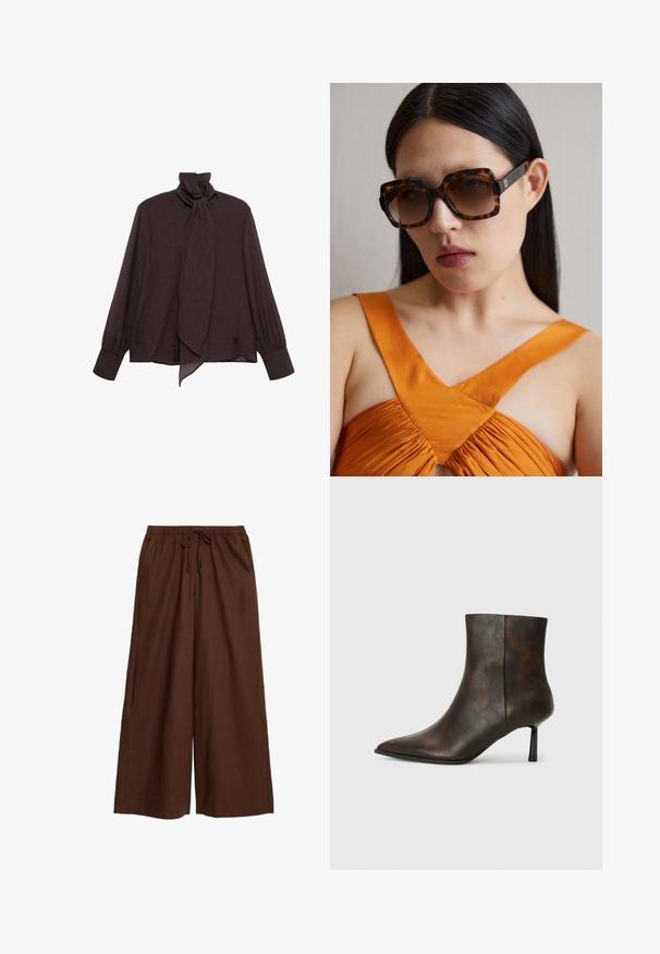 Long-sleeve blouse in dark brown crinkled fabric. Features a high collar with a tie detail and cuffed sleeves. Smooth, lightweight texture.; Brown wide-leg trousers made of lightweight fabric, featuring an elasticated waistband with a drawstring and side pockets.; Brown leather ankle boot with a pointed toe, sleek design, and a thin black heel. Textured surface with a subtle pattern.; Brown tortoiseshell oversized sunglasses with a wide rectangular frame and gradient lenses. Gold logo detail on the side.; Brown suede tote bag featuring a triangular design, elongated shoulder straps, and a large open top with a cut-out handle detail.